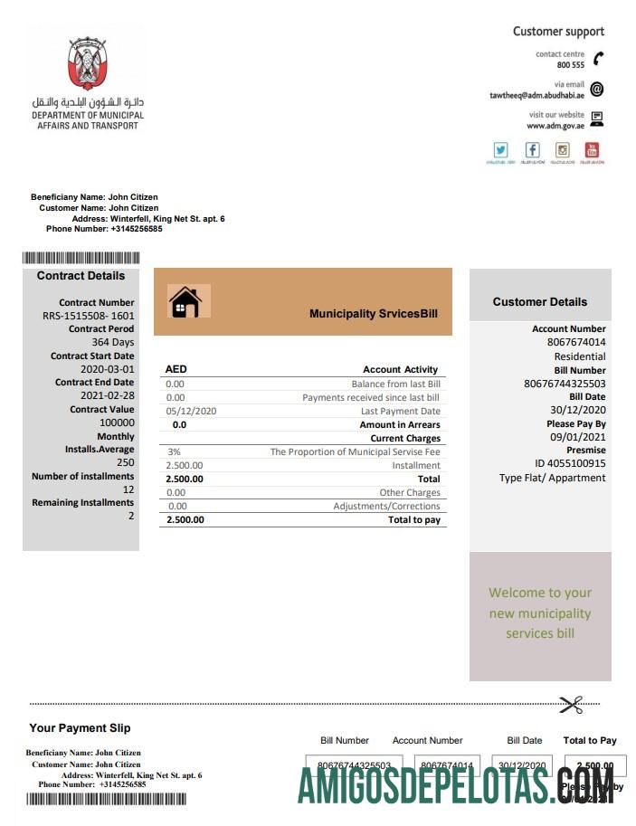 imprimível Modelo de conta de serviços públicos do município de Abu Dhabi nos Emirados Árabes Unidos em formato Word e PDF